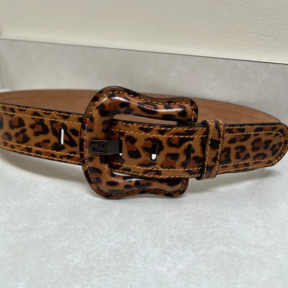 Fendi Wide Leopard Print Leather Belt Size 80/32 - Picture 12 of 13